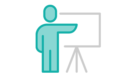 KI: Up-Skilling und Trainingsdienstleistungen Icon blaue Figur zeigt auf graue Tafel