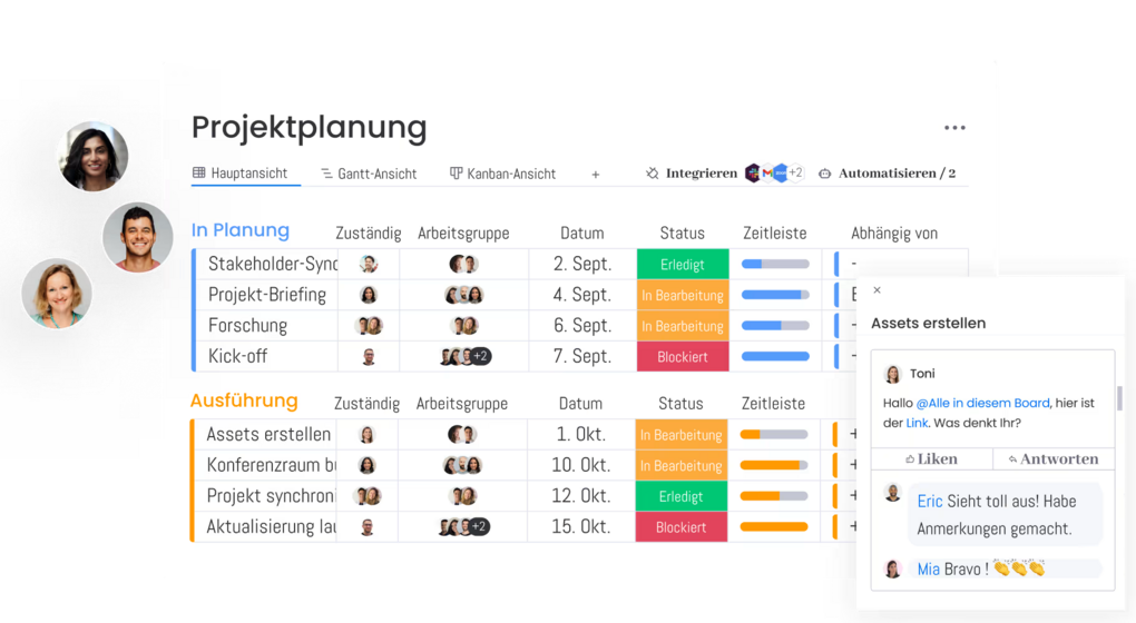 Mit monday work management strategische Ziele, Kampagnen und allgemeine Tasks erfolgreich umsetzen Interface Screenshot: Tabellen mit unterschiedlich farbigen Status