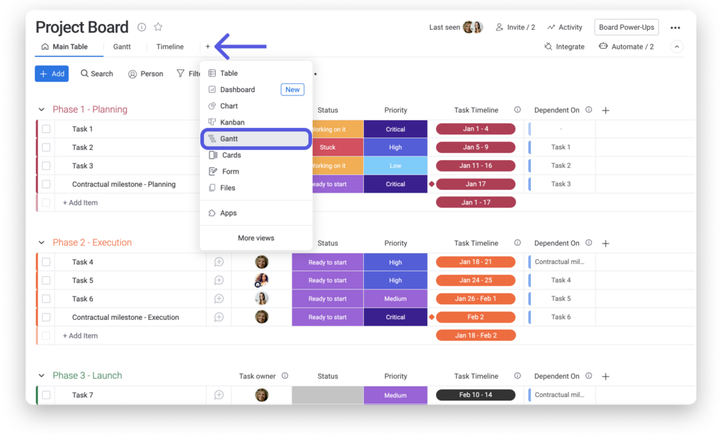 Screenshot mit Option ein Gantt-Diagramm hinzuzufügen