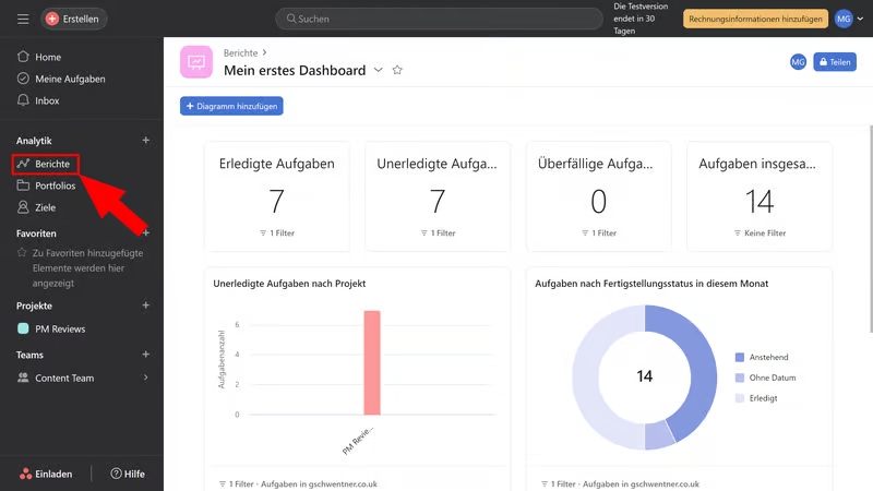 Interface Screenshot der Berichtmöglichkeiten bei Asana: Balken- und Tortendiagramme