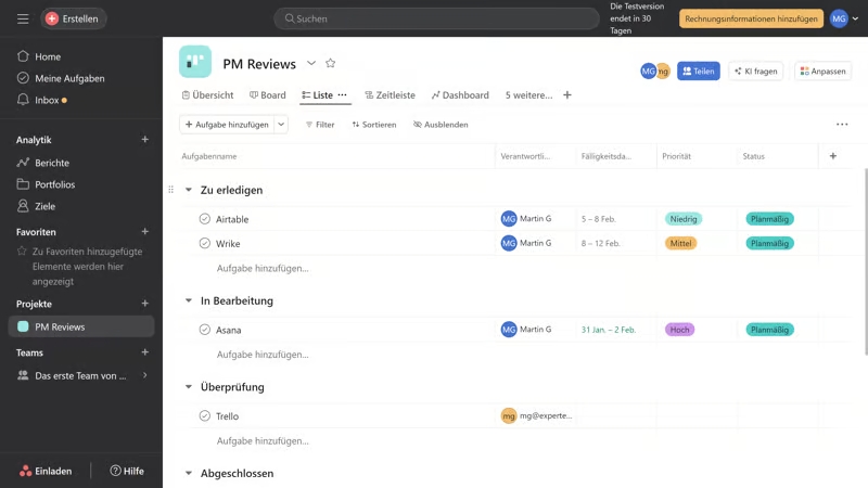 Screenshot des Interfaces von Asana