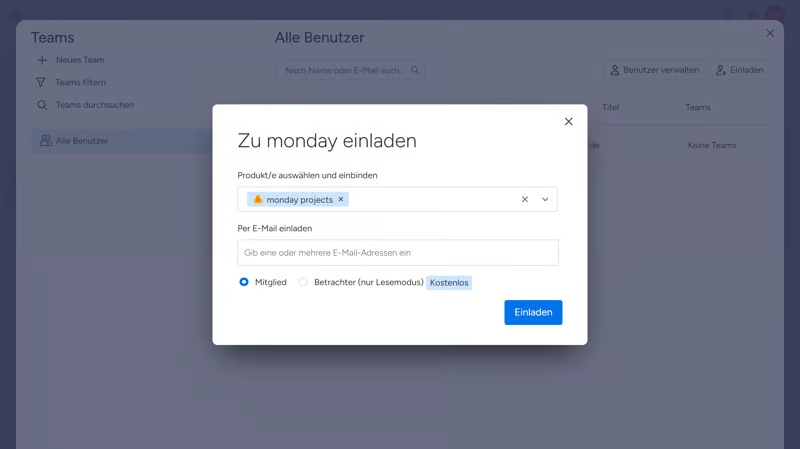 Screenshot aus dem Interface monday.com zeigt Benutzermanagement